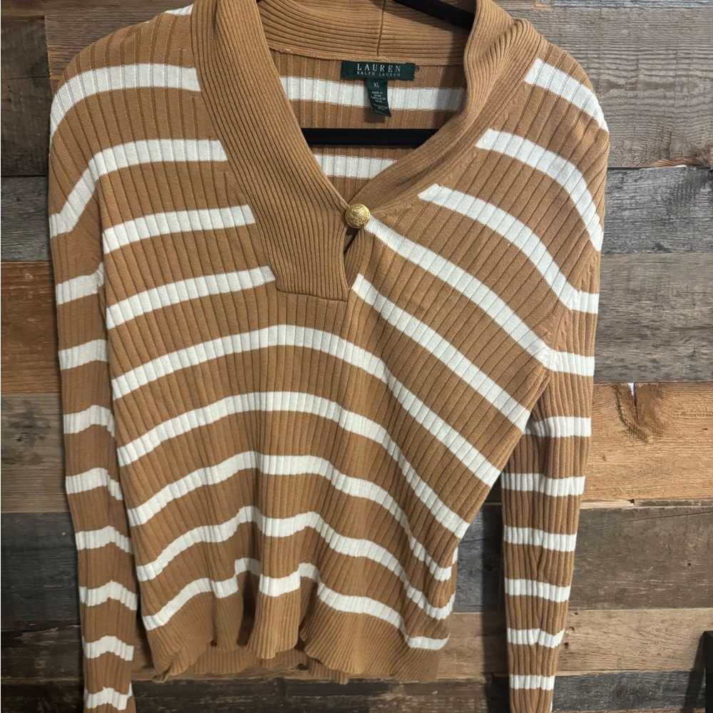 🤎 Lauren Ralph Lauren Tan & White Striped Shawl Collar Sweater – Women’s XL